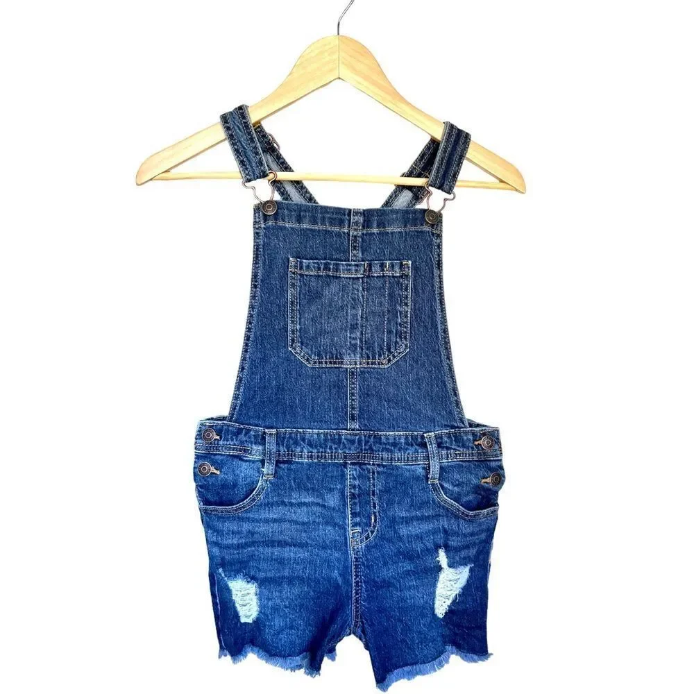 Cat & Jack Blue Denim Distressed Stretch Shortalls. Overalls. 10-12. Large.